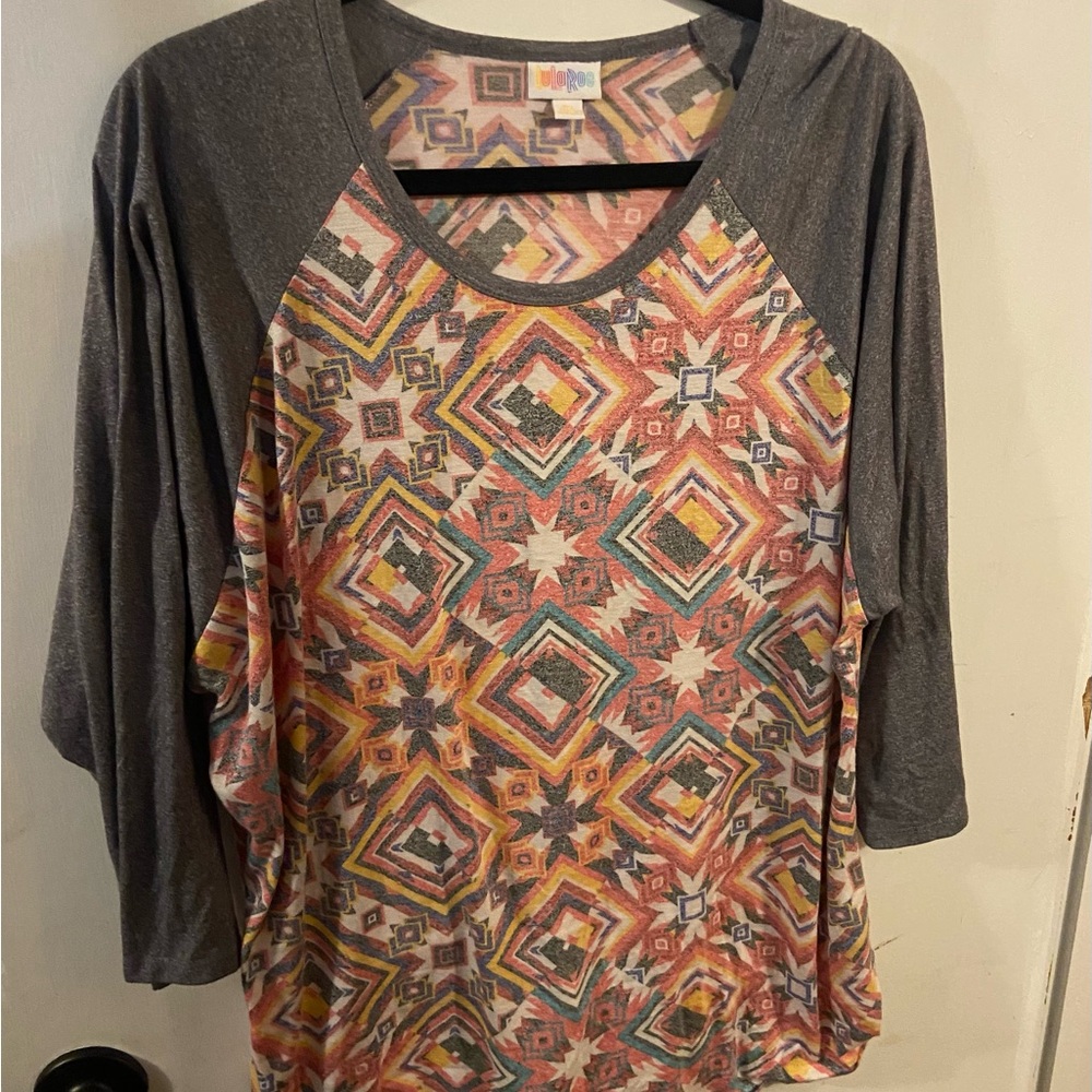 LuLaRoe Long Sleeve Top - Gray with Multicolor Geometric Pattern